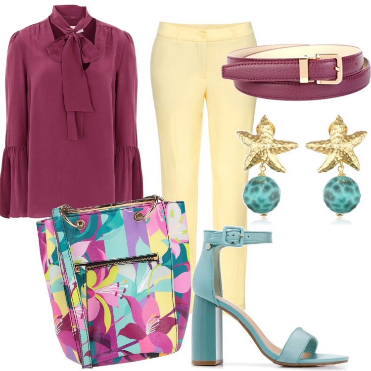Outfit donna - Viola... e tutto il resto. Stile Trendy per Ufficio. Abbinamento con pantaloni, borse a mano, bluse, sandali in pelle, cinture, orecchini.