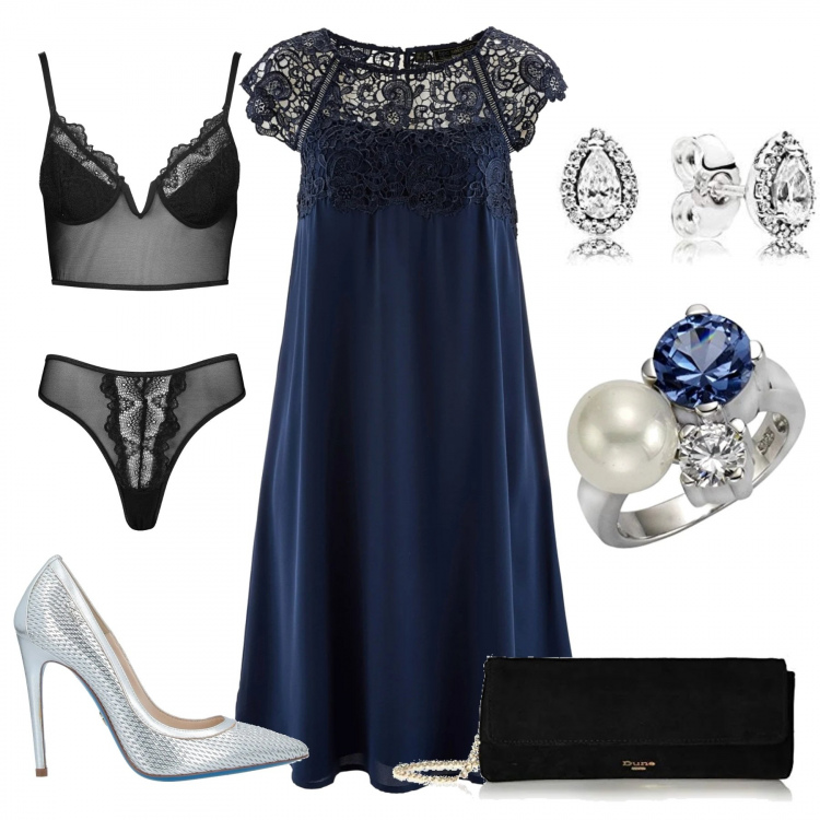 Outfit femme - Tenue de soirée. Style Chic pour Soirée dehors. Assortir avec robes longues, bralette, bagues, boucles d'oreilles, chaussures à talon, pochette.