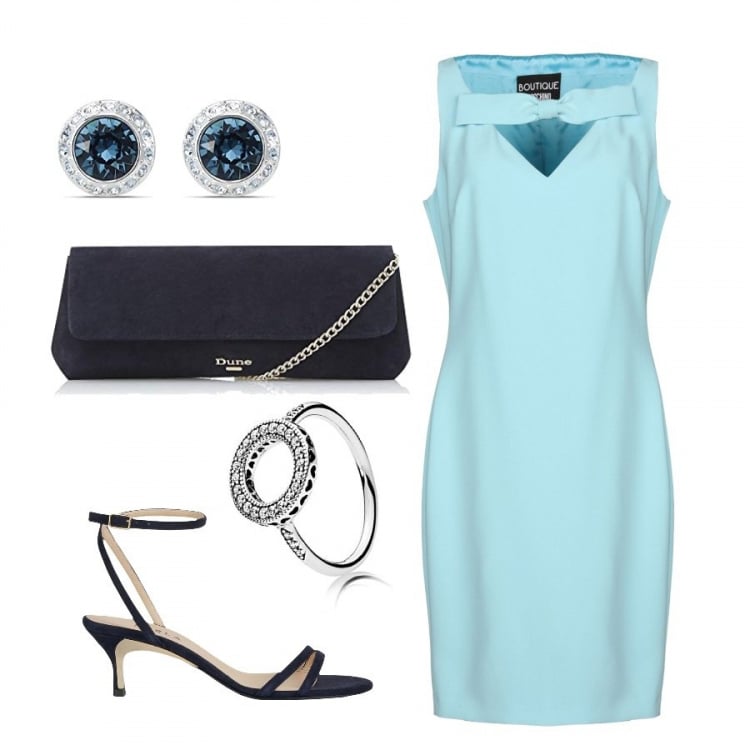Outfit donna - Azzurro cielo. Stile Bon Ton per Cerimonia. Abbinamento con vestiti corti, sandali col tacco, orecchini, anelli, pochette.