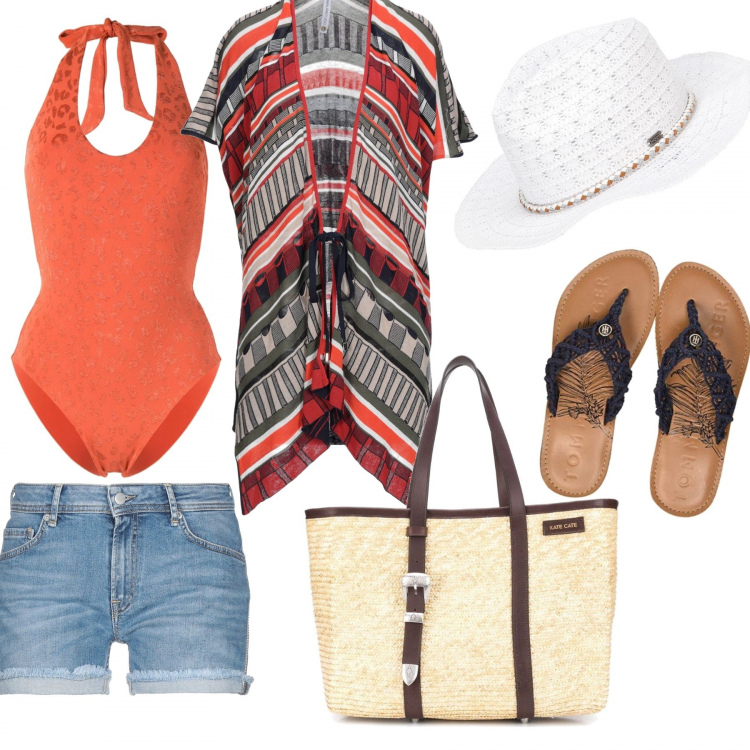 Outfit femme - À la plage. Style Ethnique pour Plage. Assortir avec gilets, maillots de bain une pièce, tong, short, chapeaux, sac cabas.