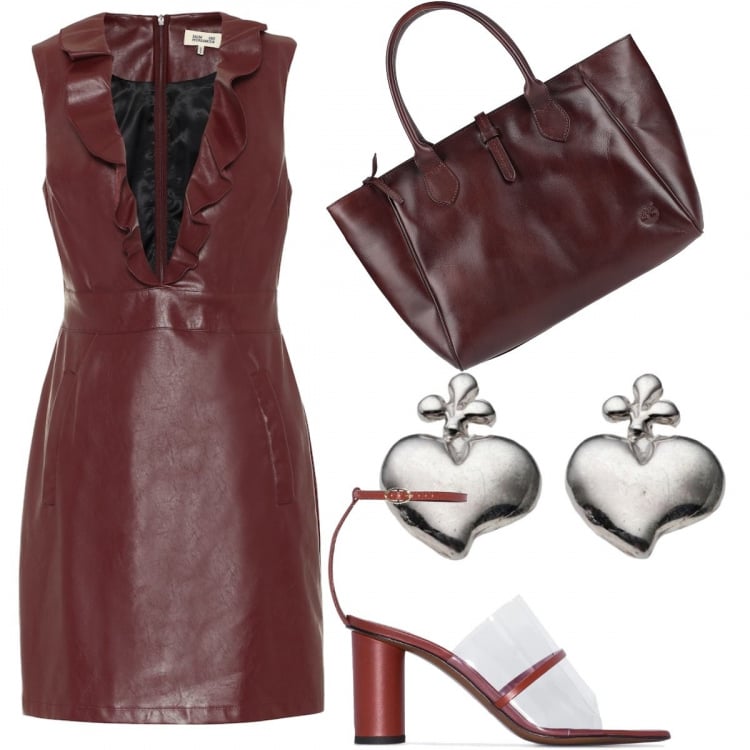 Outfit donna - Tubino e sandalo con tacco. Stile Trendy per Tutti i giorni. Abbinamento con borse a mano, orecchini, sandali col tacco, vestiti corti.