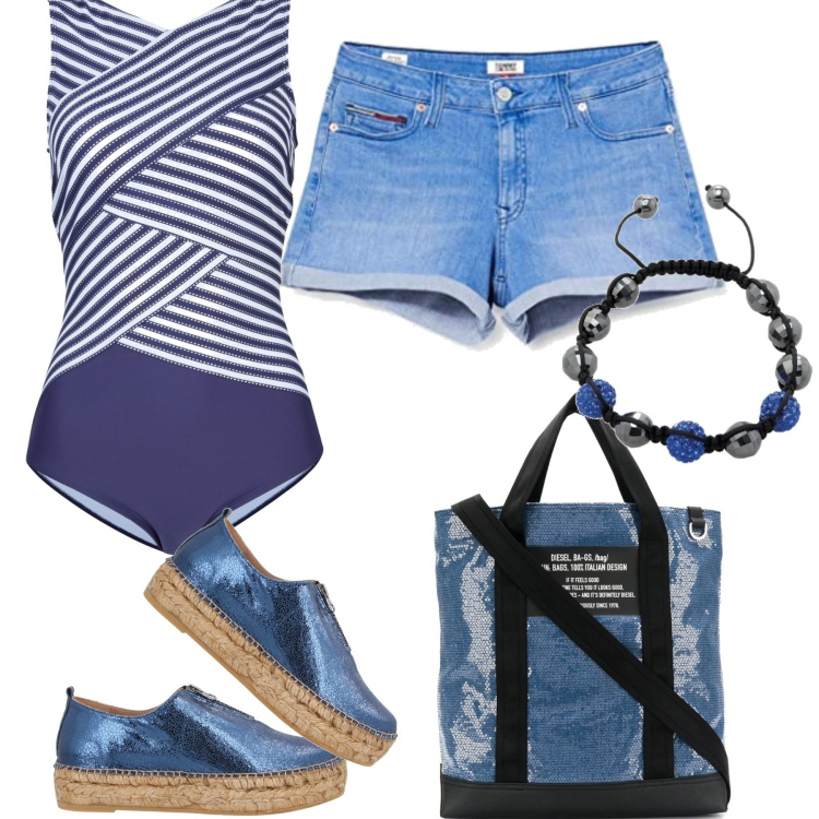Outfit donna - Costume intero. Stile Basic per Mare. Abbinamento con costumi interi, espadrillas, borse tote, shorts, braccialetti.