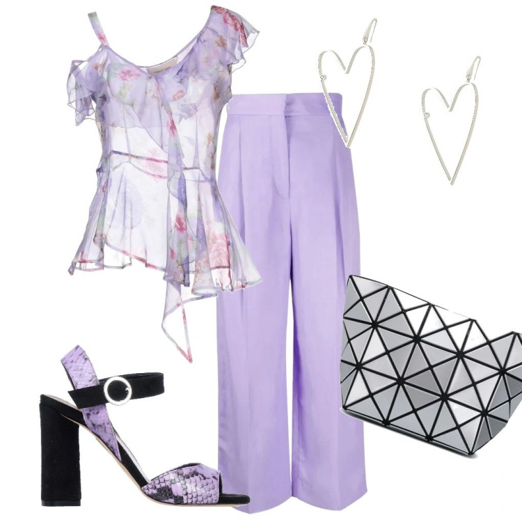 Outfit femme - Tendance violet. Style Tendance pour Bureau. Assortir avec hauts, pochette, pantalon large en bas, boucles d'oreilles, sandales à talon.