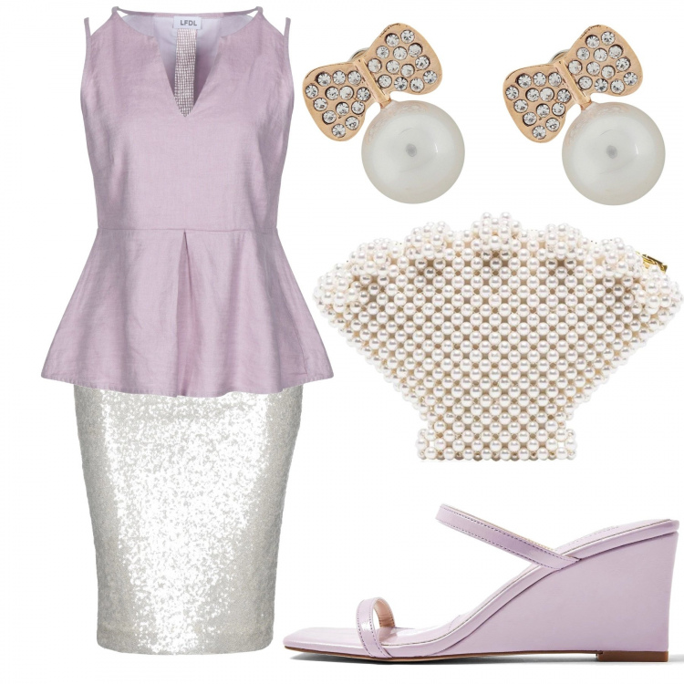 Outfit mujer - Bon Ton #21839. Estilo Bon Ton para Ceremonia. Combinación con top, clutch, minifaldas, sandalias de piel, pendientes.
