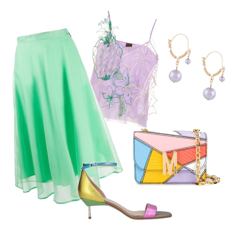 Outfit mujer - Cena vaporosa. Estilo Trendy para Noche/Fiesta elegante. Combinación con top, falda longuette, sandalias de tacón, bolsos de hombro, pendientes.
