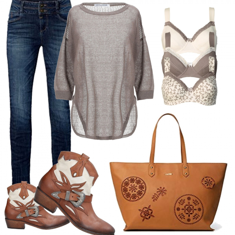 Outfit donna - Settembre. Stile Trendy per Tutti i giorni. Abbinamento con reggiseni, pullovers, stivaletti, borse a mano, jeans.