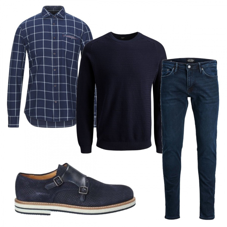 Outfit hombre - Trendy #6831. Estilo Trendy para Oficina. Combinación con jerséis, pantalones, zapatos con cordones, camisas.