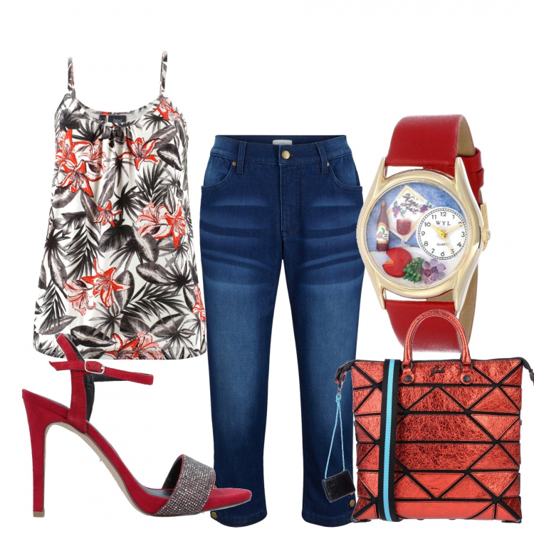 Outfit donna - Basic #30891. Stile Basic per Serata fuori. Abbinamento con top, jeans, borse a mano, sandali col tacco, orologi.
