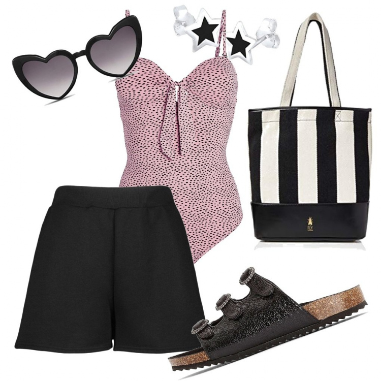 Outfit femme - Maillot bardot. Style Sexy pour Plage. Assortir avec maillots de bain une pièce, short, sabots, boucles d'oreilles, lunettes de soleil, sac cabas.