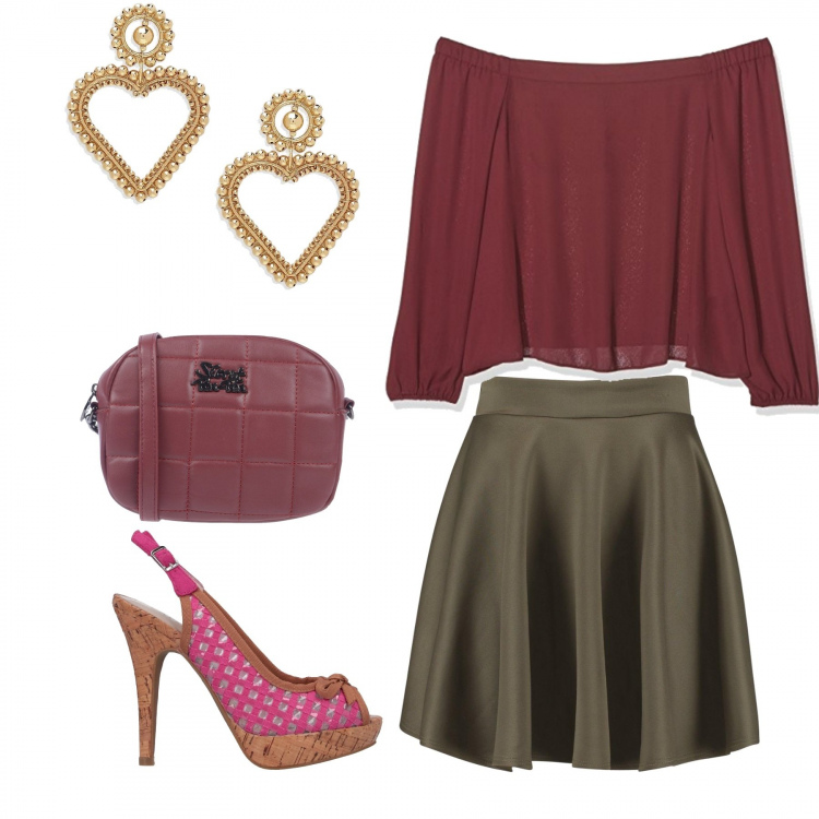 Outfit femme - Pin up. Style Bon Ton pour Soirée dehors. Assortir avec hauts, minijupes, spartiates, boucles d'oreilles, sacs à l'épaule.