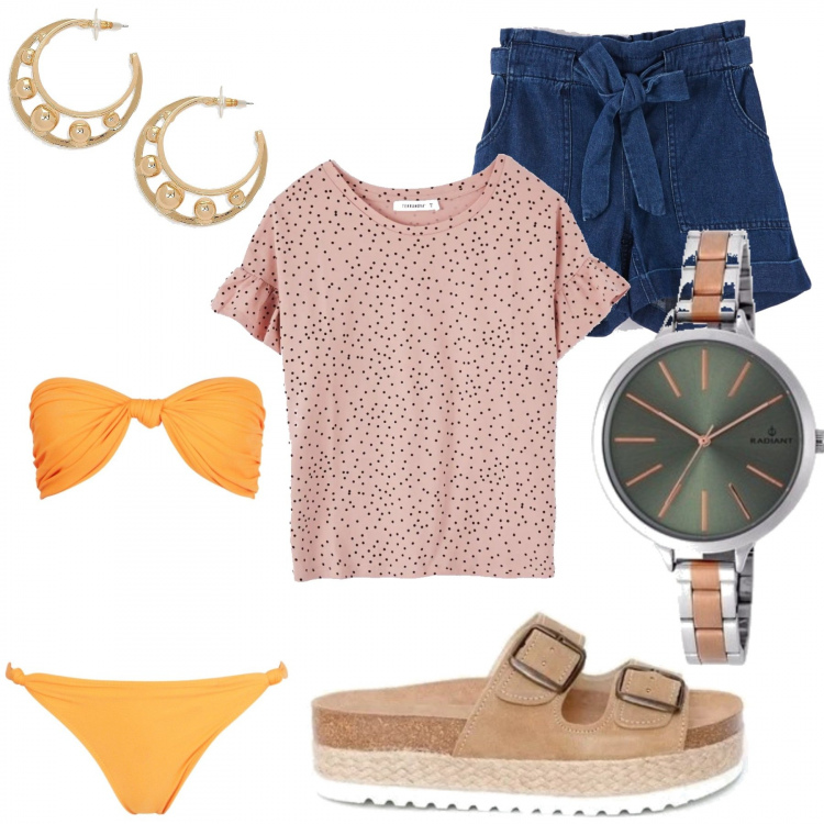 Outfit mujer - Basic #30922. Estilo Basic para Mar. Combinación con sandalias, relojes analógicos, camiseta, shorts, bikini, pendientes.