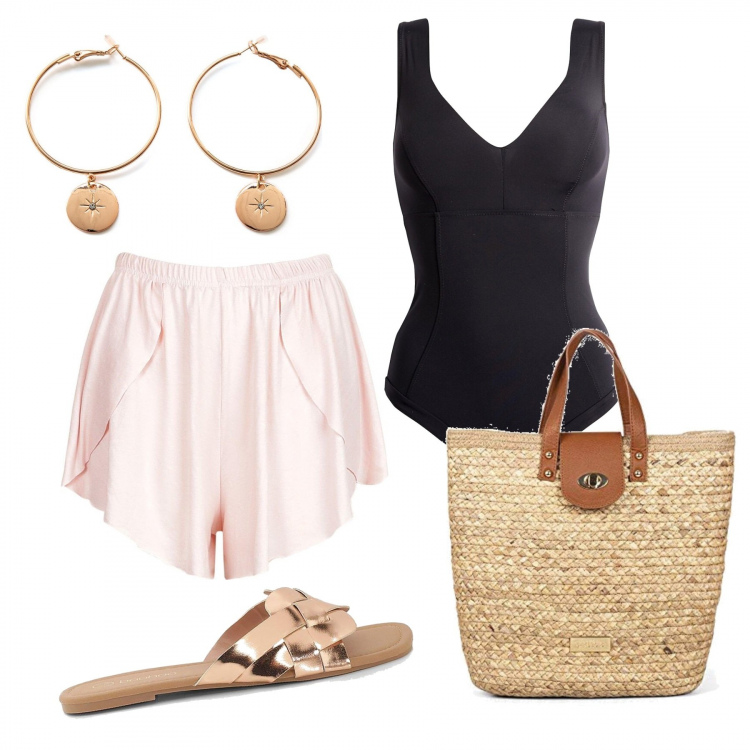 Outfit femme - Go to the beach. Style Urban pour Plage. Assortir avec mules, maillots de bain, short, sac cabas, boucles d'oreilles.