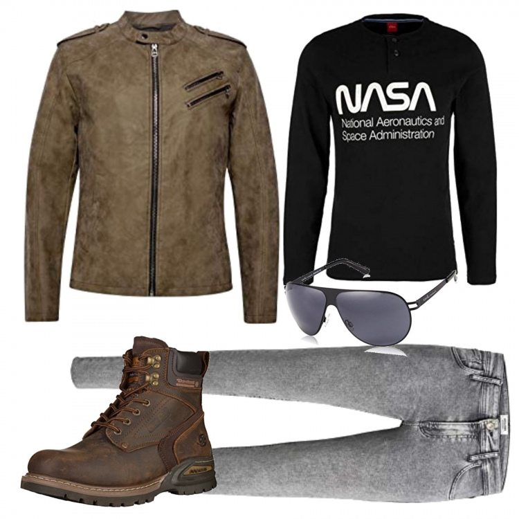 Outfit uomo - New look. Stile Trendy per Tutti i giorni. Abbinamento con giacche, t-shirt, stivali, jeans, occhiali da sole.