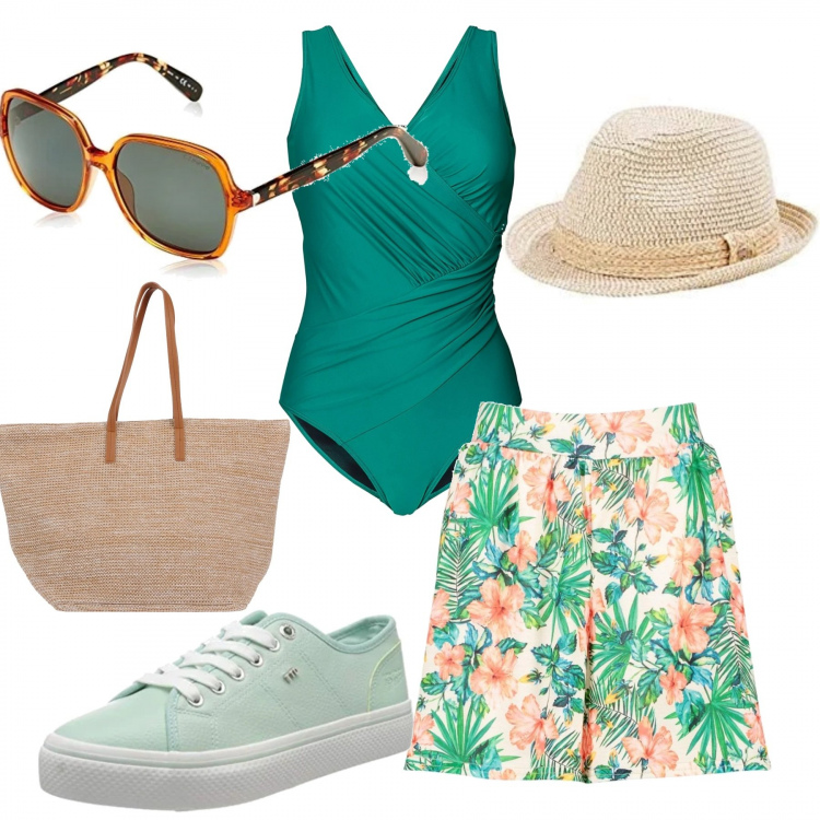Outfit femme - En maillot de bain et en short. Style Bon Ton pour Plage. Assortir avec maillots de bain, short, bonnets, sac cabas, sneakers, lunettes.