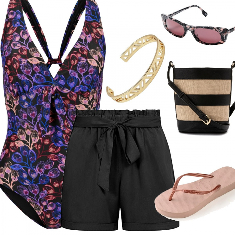 Outfit femme - On the water. Style Bon Ton pour Plage. Assortir avec débardeurs à bretelles, short, sacs seau, tong, bracelets, lunettes de soleil.