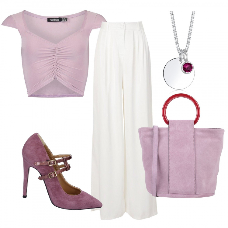 Outfit mujer - Chic #27563. Estilo Chic para Oficina. Combinación con collares, zapatos de tacón, pantalones, bolso de mano, top.