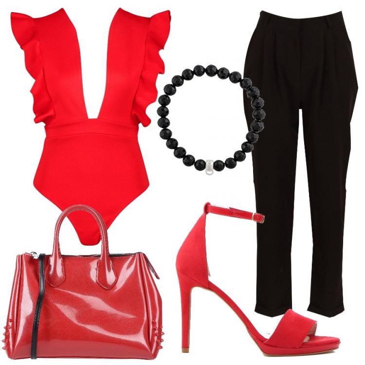 Outfit donna - Sexy #6790. Stile Sexy per Serata fuori. Abbinamento con borse a mano, top, pantaloni, sandali, braccialetti.