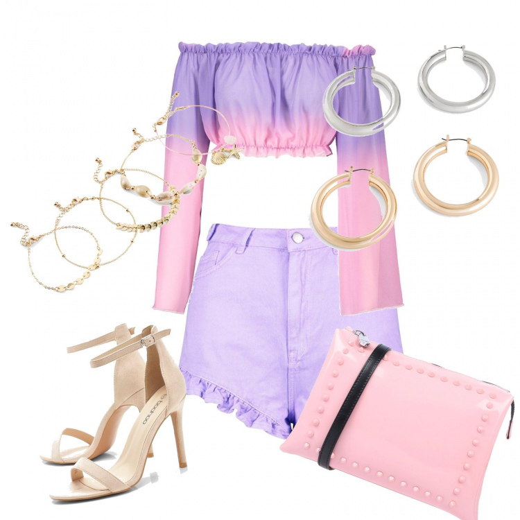 Outfit femme - Violet. Style Sexy pour Tous les jours. Assortir avec bracelets, boucles d'oreilles, short, pochette, hauts, cuissardes.
