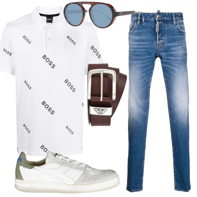 Outfit uomo - Boss in vacanza. Stile Casual per Tutti i giorni. Abbinamento con polo, jeans dritti, cinture, occhiali da sole, sneakers.