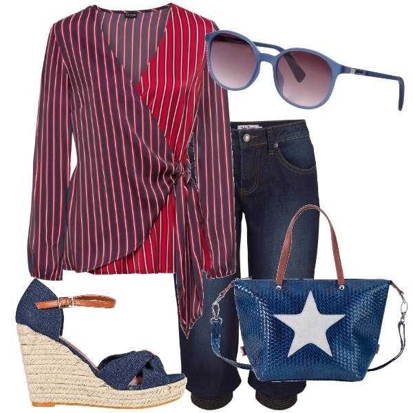 Outfit donna - Occhiali da sole Just Cavalli. Stile Urban per Tutti i giorni. Abbinamento con jeans dritti, occhiali da sole lenti sfumate tinta unita, sandali con zeppe e cinturino in pelle sintetica.