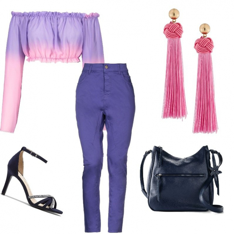 Outfit femme - Purple rain. Style Sexy pour Tous les jours. Assortir avec sacs en bandoulière, sandales à talon, boucles d'oreilles, hauts, pantalon chino.