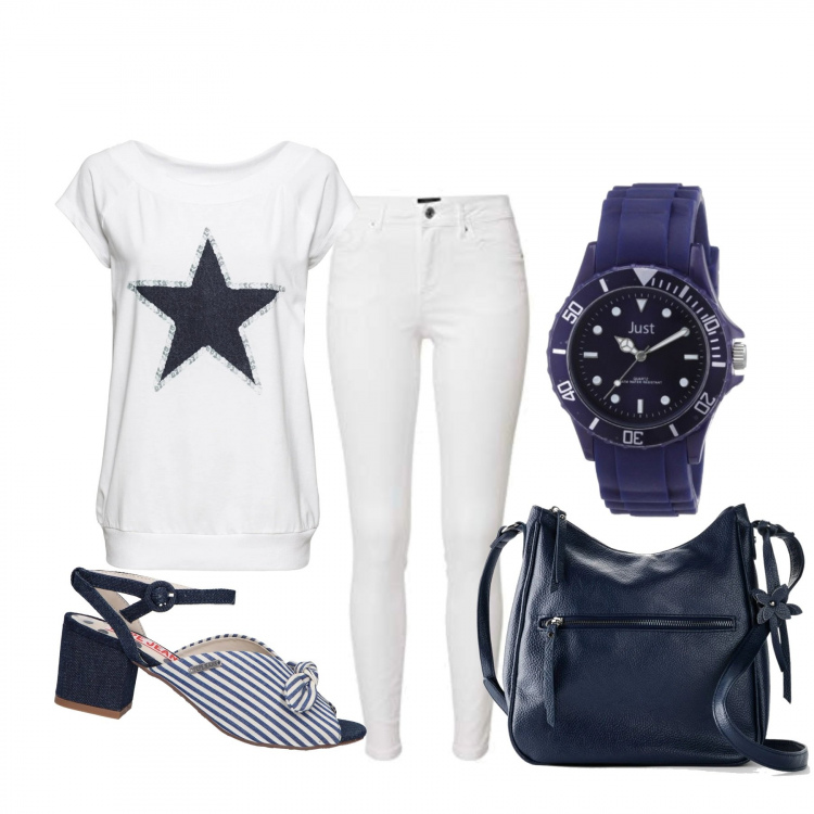 Outfit donna - Basic #31119. Stile Basic per Tutti i giorni. Abbinamento con t-shirt, borse a tracolla, sandali, jeans, orologi.
