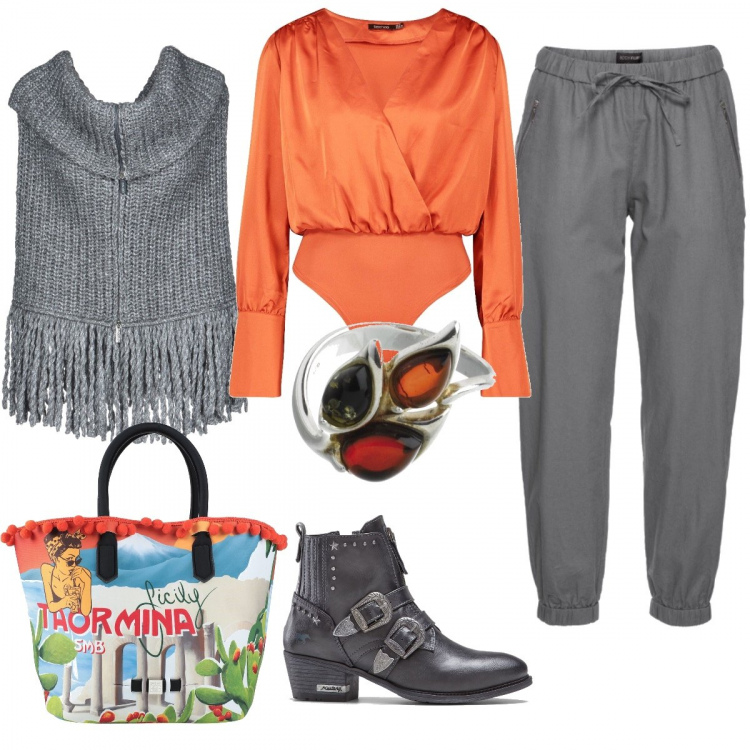 Outfit donna - Trendy #51876. Stile Trendy per Tutti i giorni. Abbinamento con pantaloni, stivaletti, cappe, borse a mano, body, anelli.
