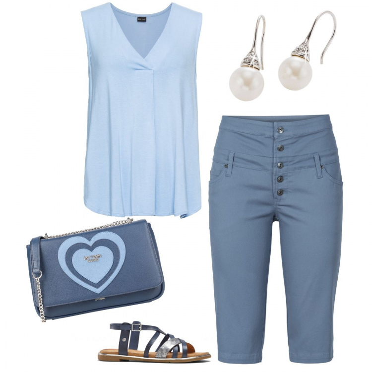 Outfit donna - In ufficio in pinocchietti. Stile Basic per Ufficio. Abbinamento con top, bermuda, sandali, orecchini, borse a tracolla.
