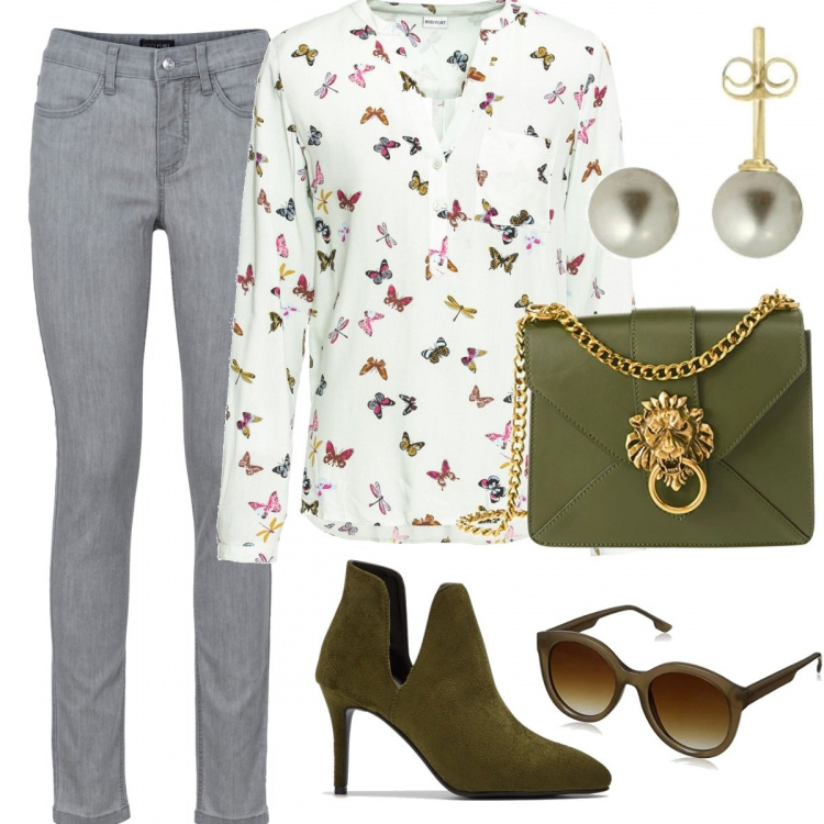 Outfit donna - In verde. Stile Trendy per Ufficio. Abbinamento con jeans skinny, bluse, stivaletti, occhiali da sole, borse a spalla, orecchini.