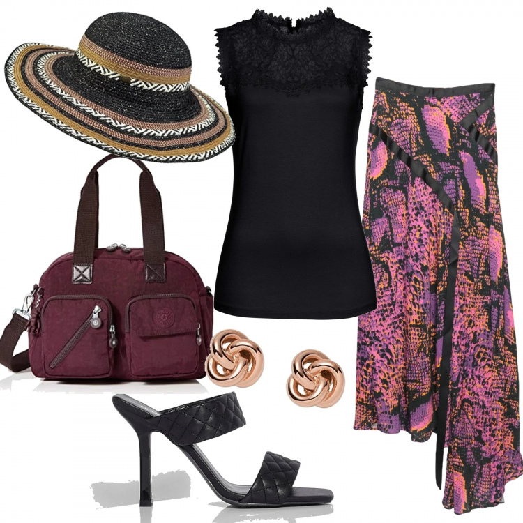 Outfit femme - On craque pour du violet !. Style Tendance pour Tous les jours. Assortir avec hauts, jupes longues, sabots, chapeaux, boucles d'oreilles, sacs à l'épaule.