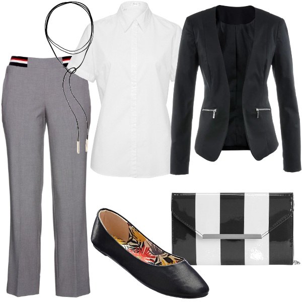 Outfit donna - Con blazer e ballerine. Stile Basic per Tutti i giorni. Abbinamento con ballerine, camicie a manica corta, collana effetto scamosciato in pelle sintetica oro e nero.