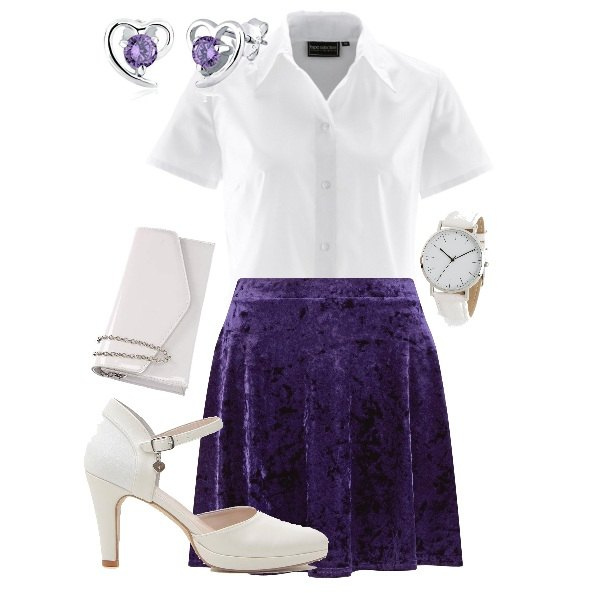 Outfit donna - Un look viola. Stile Basic per Serata fuori. Abbinamento con camicie a manica corta, orologi analogici, décolleté, minigonne, pochette, orecchini.