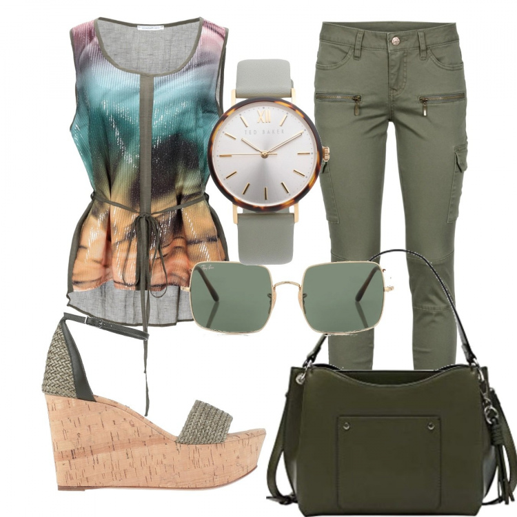 Outfit donna - Trendy #52263. Stile Trendy per Tutti i giorni. Abbinamento con pantaloni cargo, top, sabot, orologi, borse a spalla, occhiali da sole.