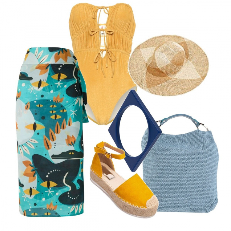 Outfit donna - Profumo di saldi. Stile Trendy per Mare. Abbinamento con borse a mano, vestiti da spiaggia, braccialetti, espadrillas, costumi interi, cappelli.