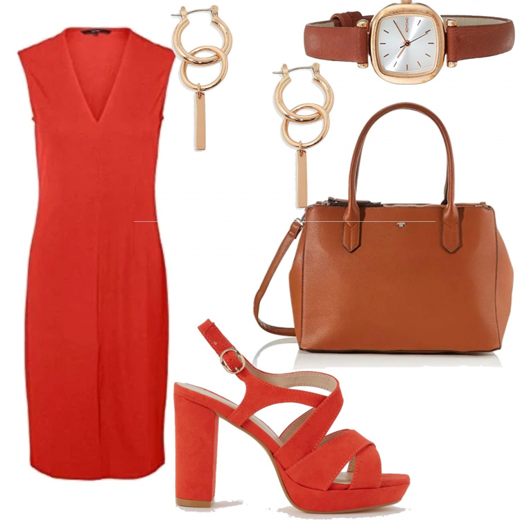 Outfit mujer - Estilosa en la oficina. Estilo Basic para Oficina. Combinación con vestidos cortos, bolsos de mano, reloj, sandalias de tacón, pendientes.