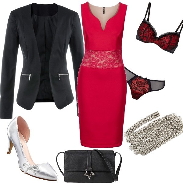 Outfit donna - Red Wedding. Stile Sexy per Cerimonia. Abbinamento con reggiseni, décolleté pumps con tacco spillo grigio, bracciale con sfere argento.