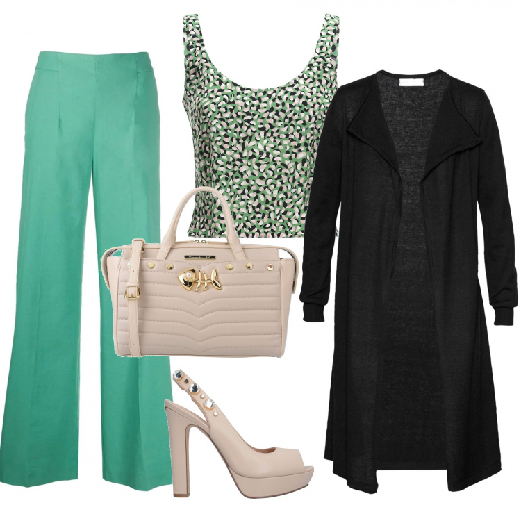 Outfit donna - Bon Ton #22508. Stile Bon Ton per Ufficio. Abbinamento con borse a mano, sandali in pelle, cardigans, pantaloni, orologi, top.