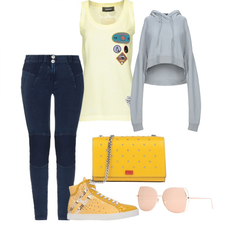 Outfit donna - Easy day. Stile Trendy per Tutti i giorni. Abbinamento con sneakers alte, jeggings, felpe con cappuccio, occhiali da sole, borse a tracolla, canottiere.