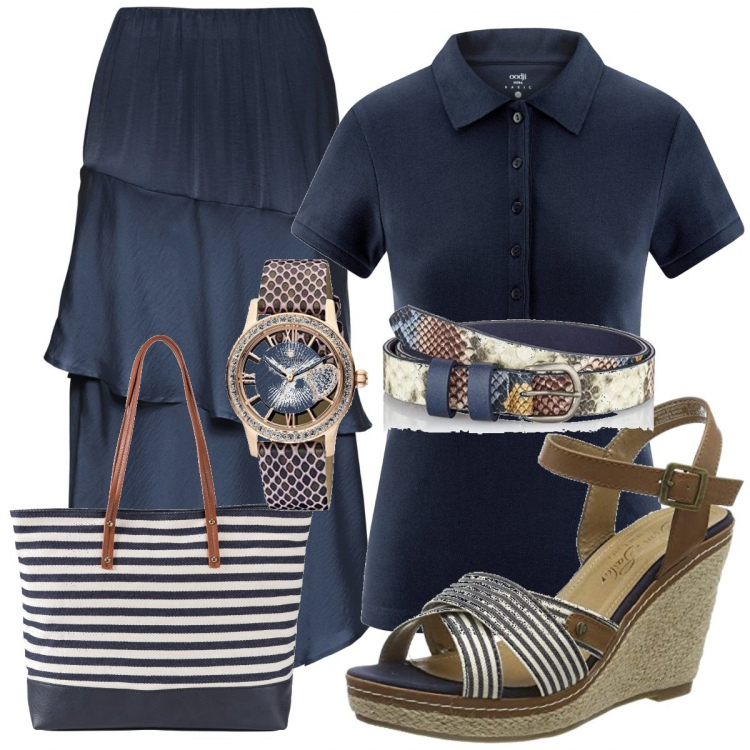 Outfit donna - Trendy #52605. Stile Trendy per Tutti i giorni. Abbinamento con gonne longuette, shopping bag, polo, orologi analogici, cinture, sandali.