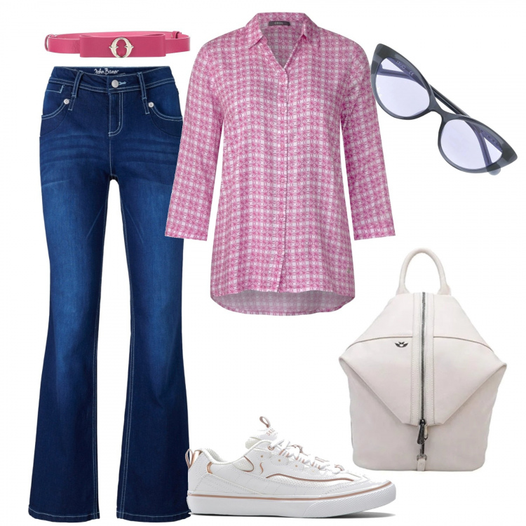 Outfit donna - Minimal Classic. Stile Trendy per Tutti i giorni. Abbinamento con vestiti midi/longuette, jeans bootcut, cinture, occhiali da sole, zaini, bluse.