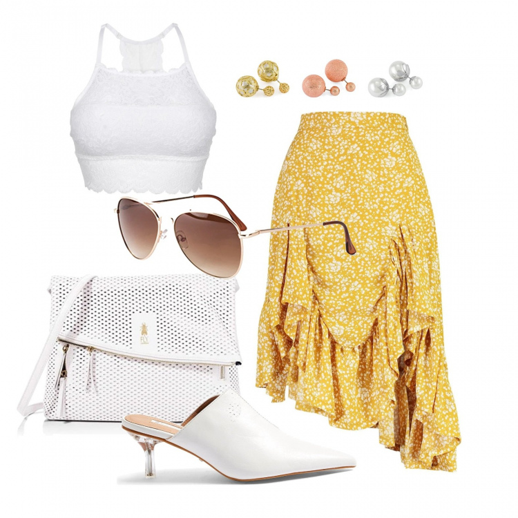 Outfit donna - Drappeggi ..... Stile Trendy per Tutti i giorni. Abbinamento con reggiseni, occhiali da sole, sabot, gonne longuette, orecchini, borse a tracolla.