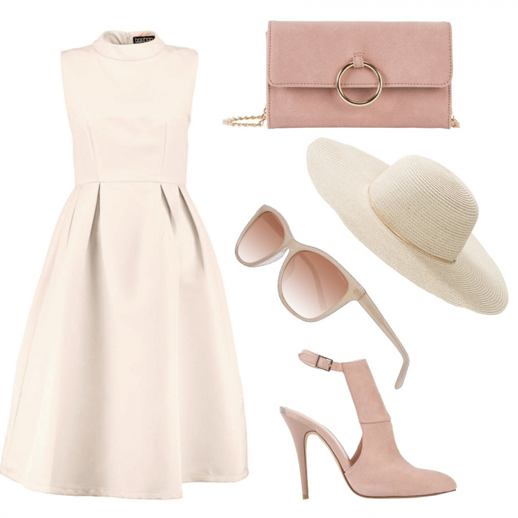 Outfit donna - Cerimonia total beige. Stile Chic per Cerimonia. Abbinamento con cappotti, cappelli, décolleté, vestiti, occhiali da sole.