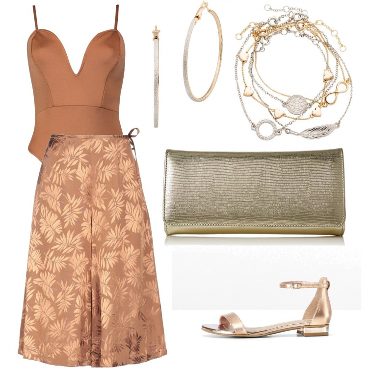 Outfit donna - Cerimonia d’orata. Stile Etnico per Cerimonia. Abbinamento con vestiti, slip culotte, braccialetti con ciondoli, sandali, borse a mano, orecchini.