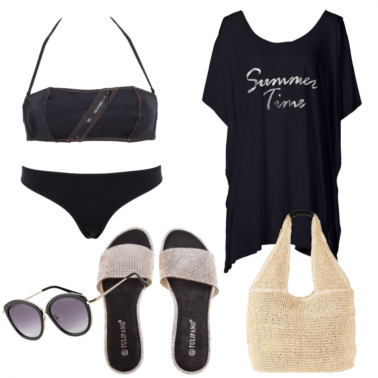 Outfit donna - Ciabattine brillanti. Stile Basic per Mare. Abbinamento con vestiti da spiaggia, shopping bag, occhiali da sole, ciabatte, costumi, costumi.