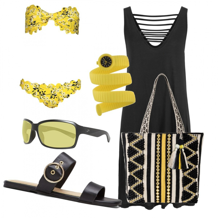 Outfit donna - Trendy #52832. Stile Trendy per Mare. Abbinamento con vestiti da spiaggia, shopping bag, ciabatte, bikini, orologi, occhiali da sole.