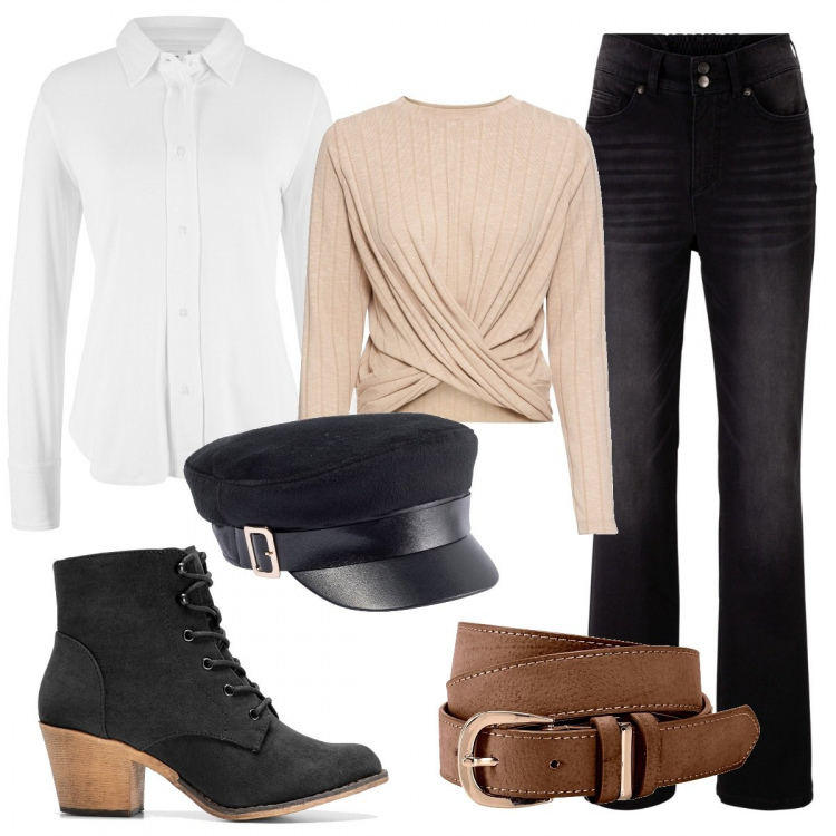 Outfit donna - Cappellino da marinaio. Stile Trendy per Tutti i giorni. Abbinamento con jeans bootcut, pantaloni corti, stivaletti, pullovers, cinture, berretti.