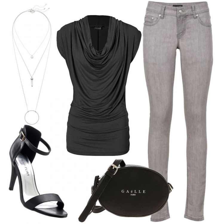 Outfit donna - Tracollina nera. Stile Basic per Ufficio. Abbinamento con jeans skinny, ciondoli, maglieria, sandali col tacco, borse a spalla.