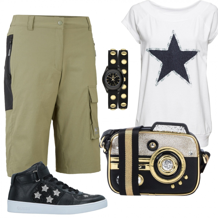 Outfit donna - Urban #19187. Stile Urban per Tutti i giorni. Abbinamento con t-shirt, bermuda, sneakers alte, borse a spalla, orologi.