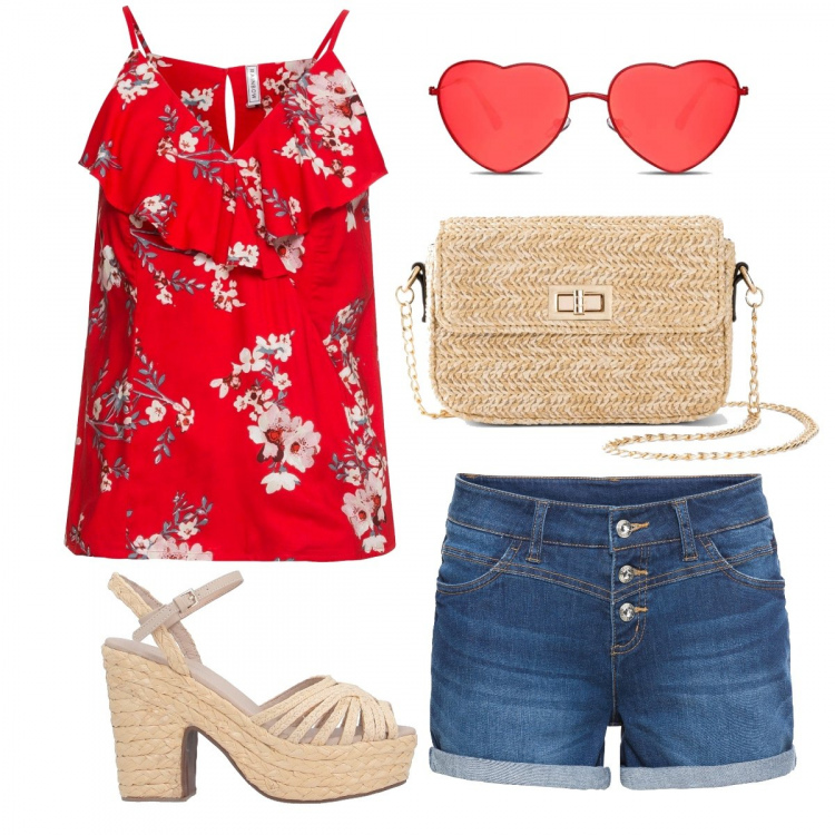Outfit donna - Lolita. Stile Basic per Tutti i giorni. Abbinamento con shorts, blazer, borse a mano, sandali col tacco, occhiali da sole.