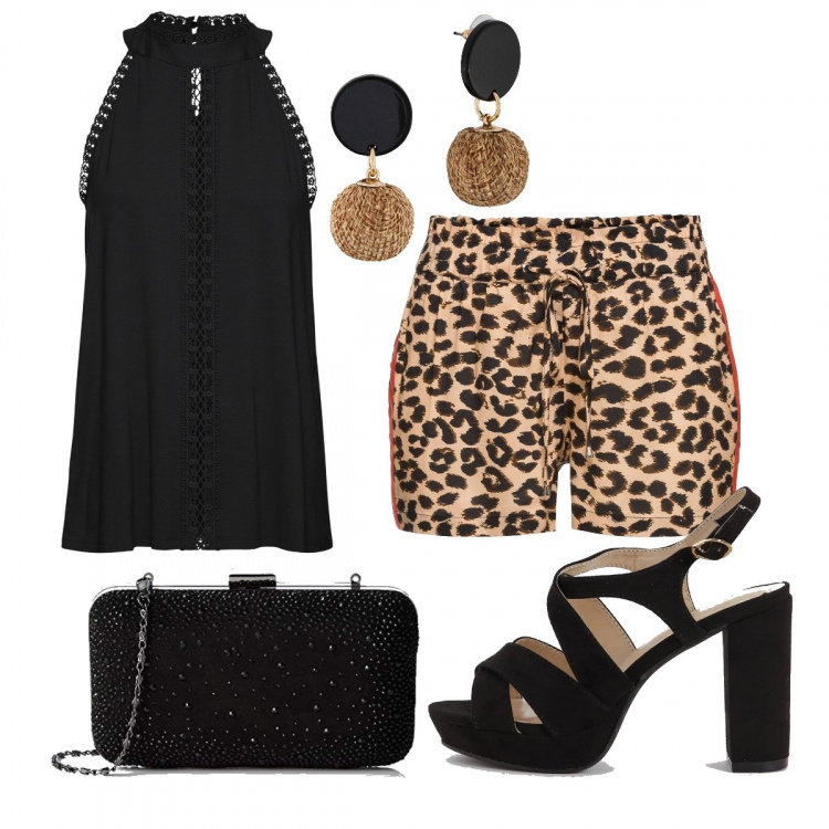 Outfit donna - Serata animalier. Stile Sexy per Serata fuori. Abbinamento con sciarpe, orecchini, top, sandali col tacco, pochette.